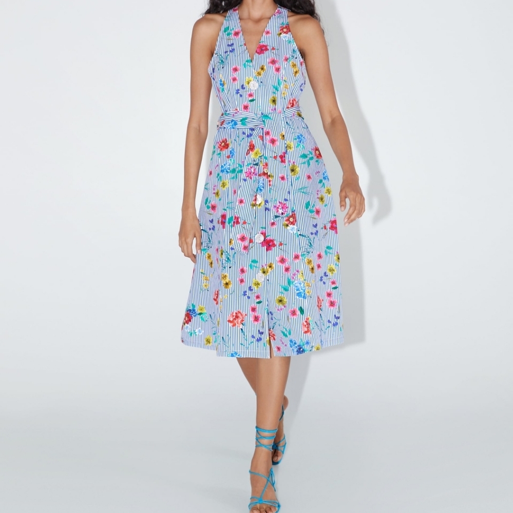 Zara Floral Blue Striped Halter Neck dress S small NWT